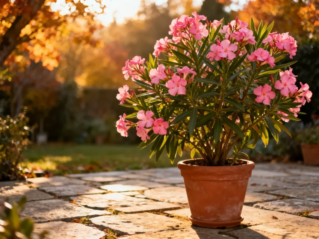 Kwitnący na różowo oleander w terakotowej donicy na tarasie podczas jesiennego popołudnia.