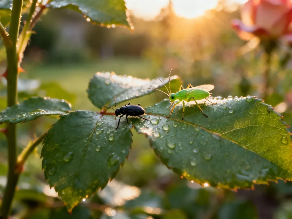 Zielona i czarna mszyca na liściu róży z kroplami rosy, widoczne w dużym zbliżeniu.