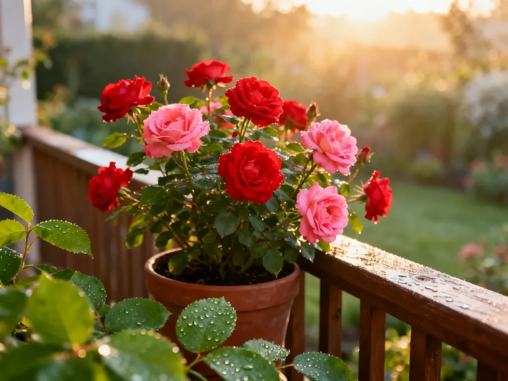 Kwitnący krzew róż w doniczce na drewnianej balustradzie, z widocznymi kroplami rosy na liściach w porannym świetle.