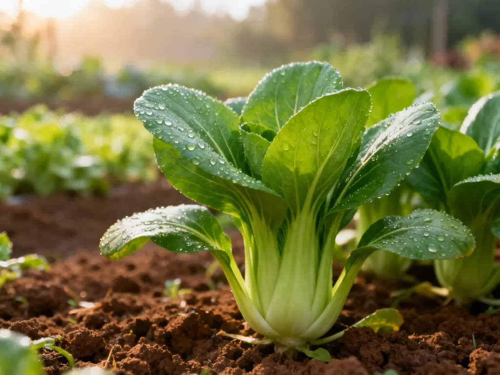 Świeża, soczysta kapusta pak choi rosnąca w żyznej glebie ogrodu w porannym świetle.