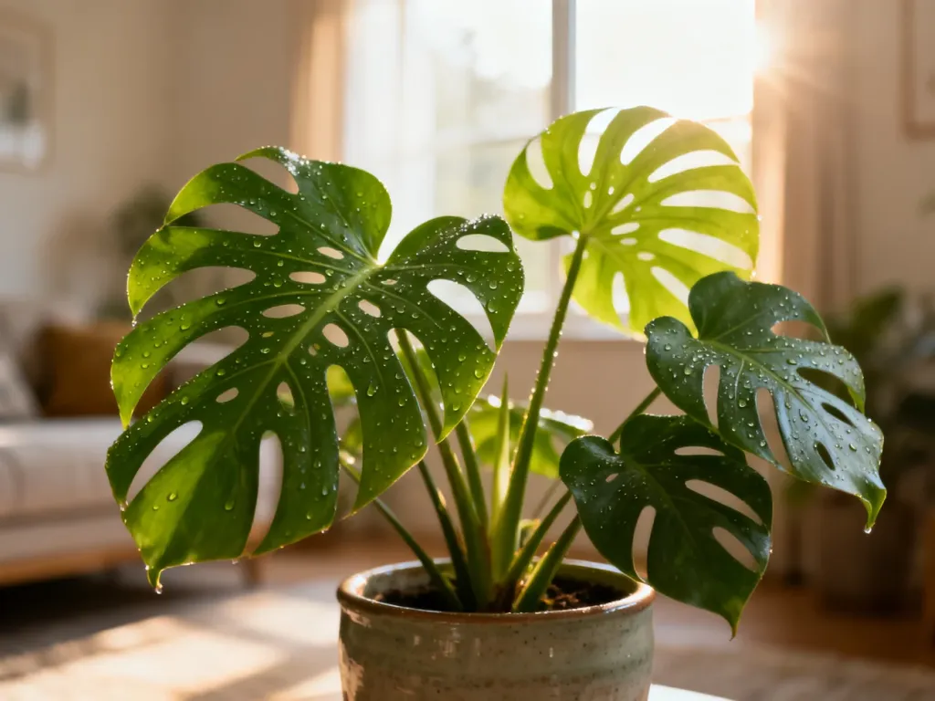 Bujna monstera w ceramicznej doniczce z kroplami wody na liściach, oświetlona porannym światłem w przytulnym salonie.