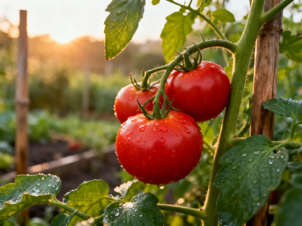 Zdrowe, czerwone pomidory na krzaku z kroplami rosy, podkreślające efekty naturalnej pielęgnacji upraw.