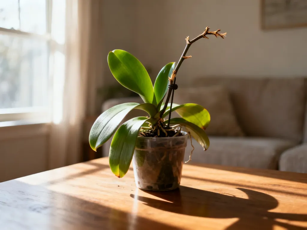 Zdrowe liście storczyka Phalaenopsis z przyciętą łodygą po przekwitnięciu, stojące na drewnianym stole w świetle poranka.