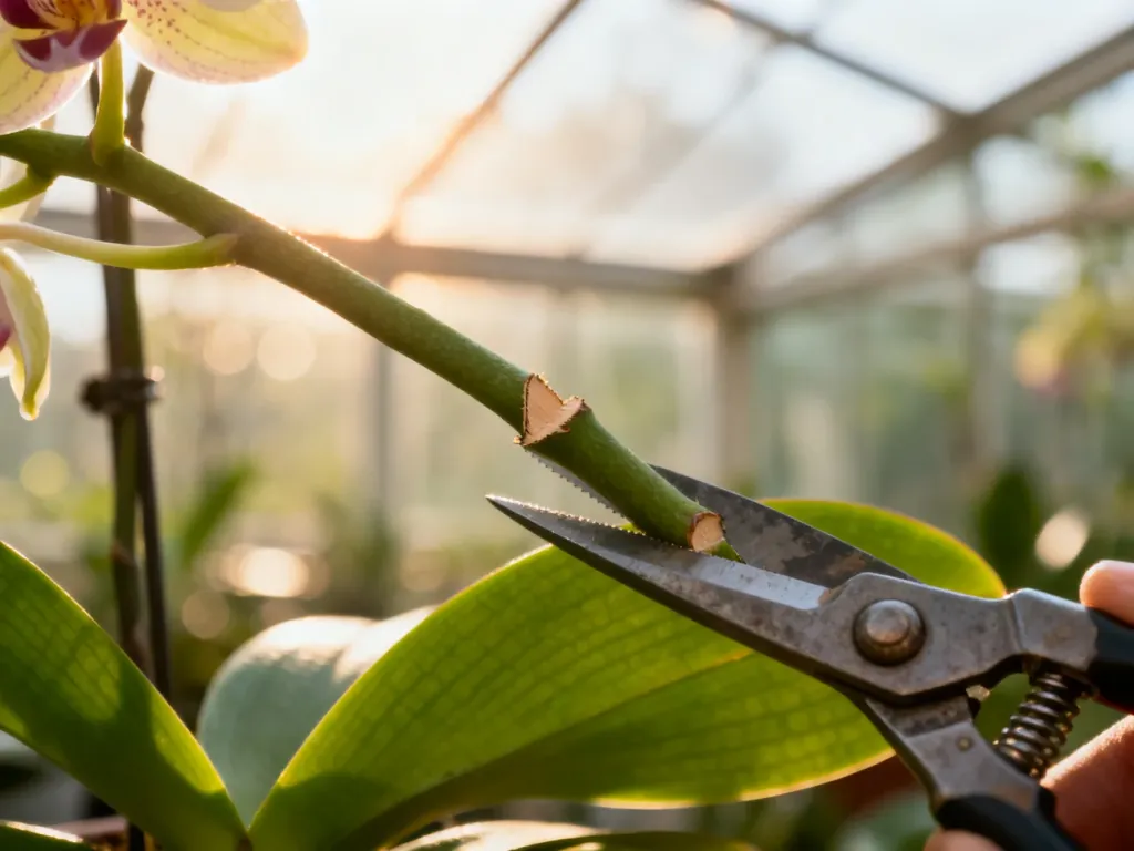 Profesjonalne nożyce ogrodnicze wykonujące czyste cięcie na pędzie storczyka Phalaenopsis w słonecznym wnętrzu.