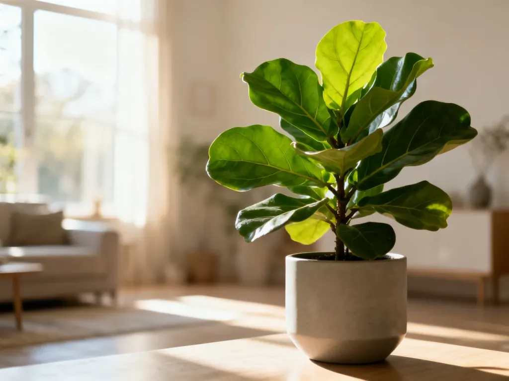 Fikus dębolistny o dużych, zielonych liściach w nowoczesnej, minimalistycznej doniczce w jasnym salonie.