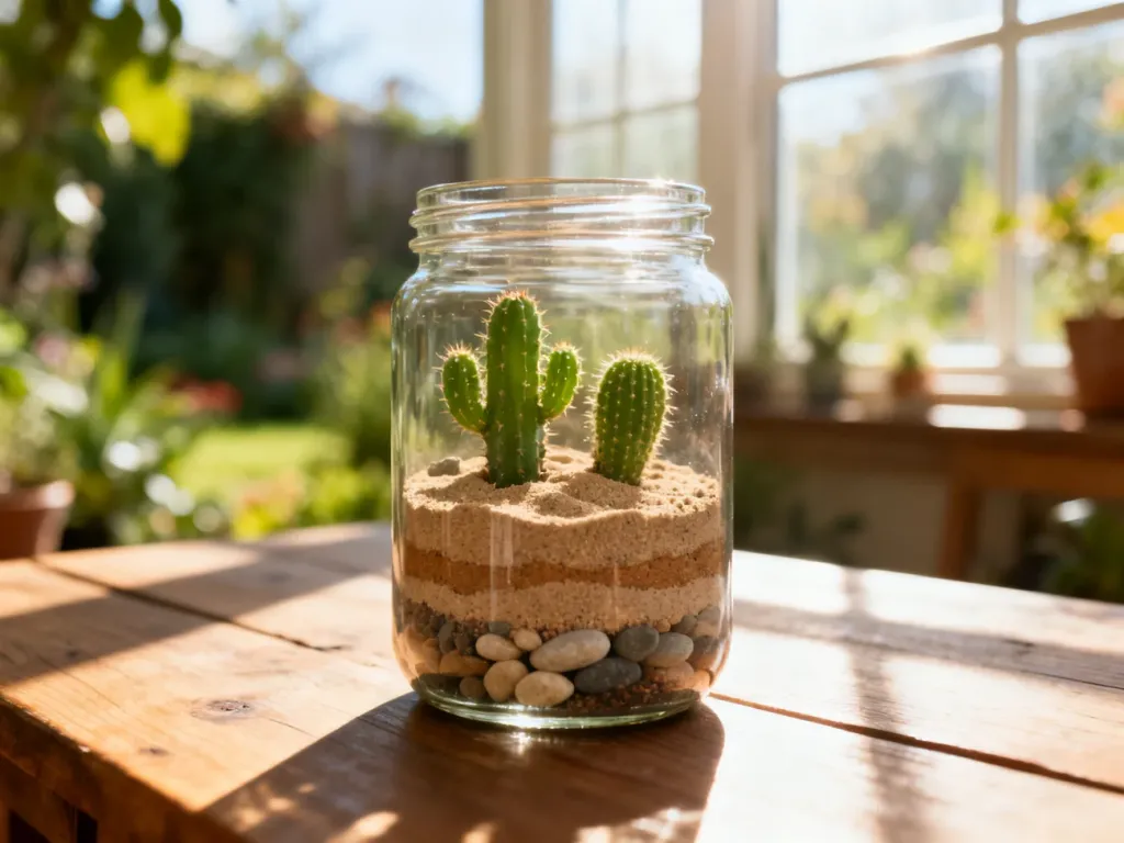 Szklany słoik z miniaturowym ogrodem kaktusów, warstwami ozdobnego piasku i kamykami na drewnianym stole.