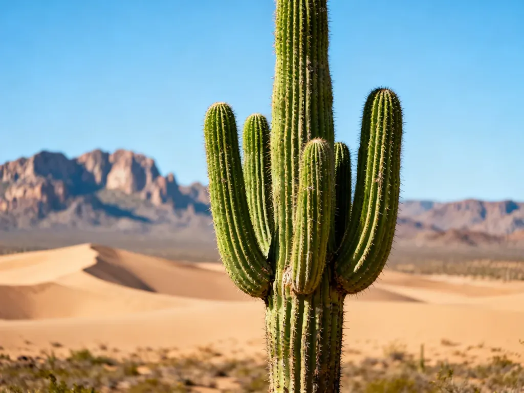 Wysoki kaktus Saguaro na tle rozległej, piaszczystej pustyni i gór w pełnym słońcu.