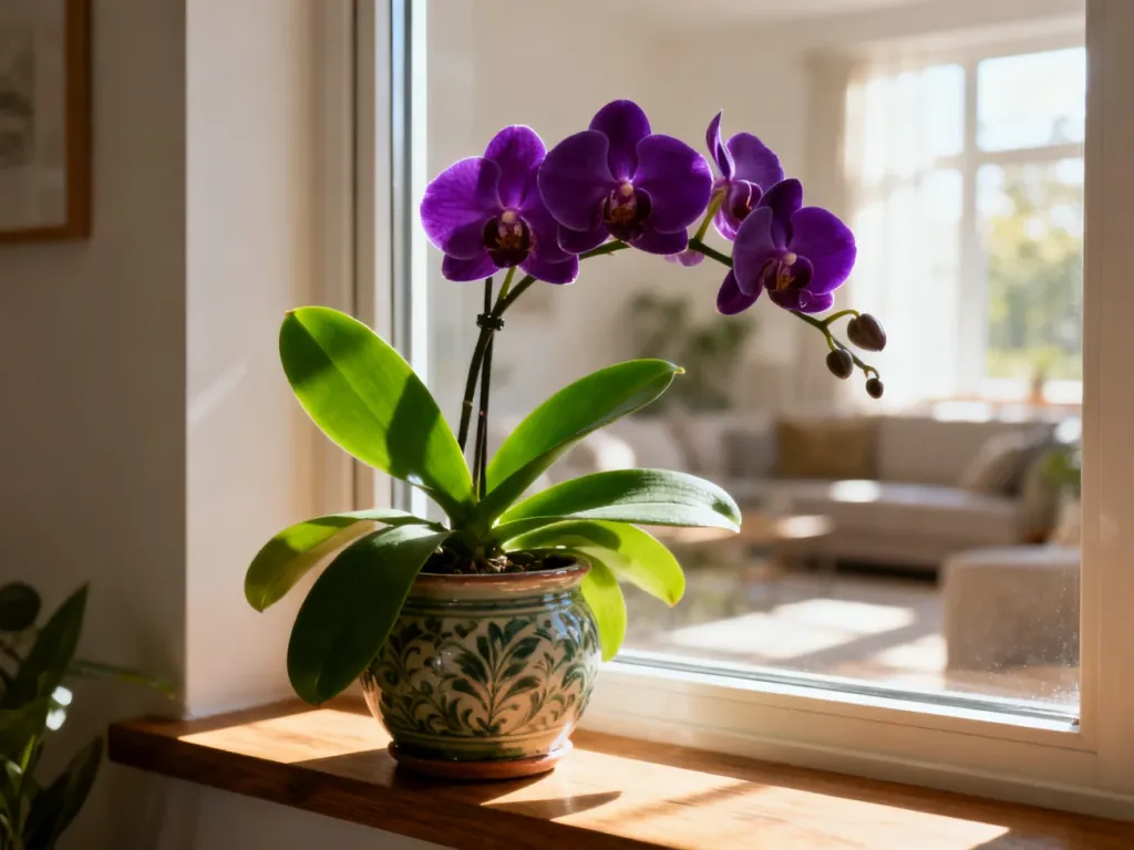 Zdrowy storczyk Phalaenopsis o fioletowych kwiatach w ceramicznej doniczce na słonecznym parapecie.