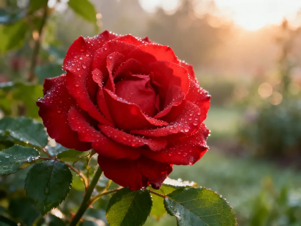 Zbliżenie na kwitnącą czerwoną różę z kroplami porannej rosy na płatkach w słonecznym ogrodzie.